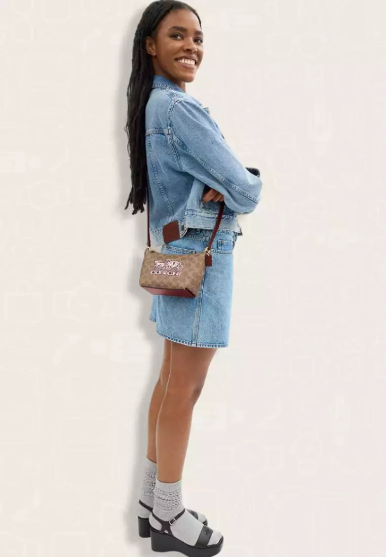 Coach Zip Top Crossbody Bag In Signature Canvas With Horse And Carriage Print Tan Black Cherry