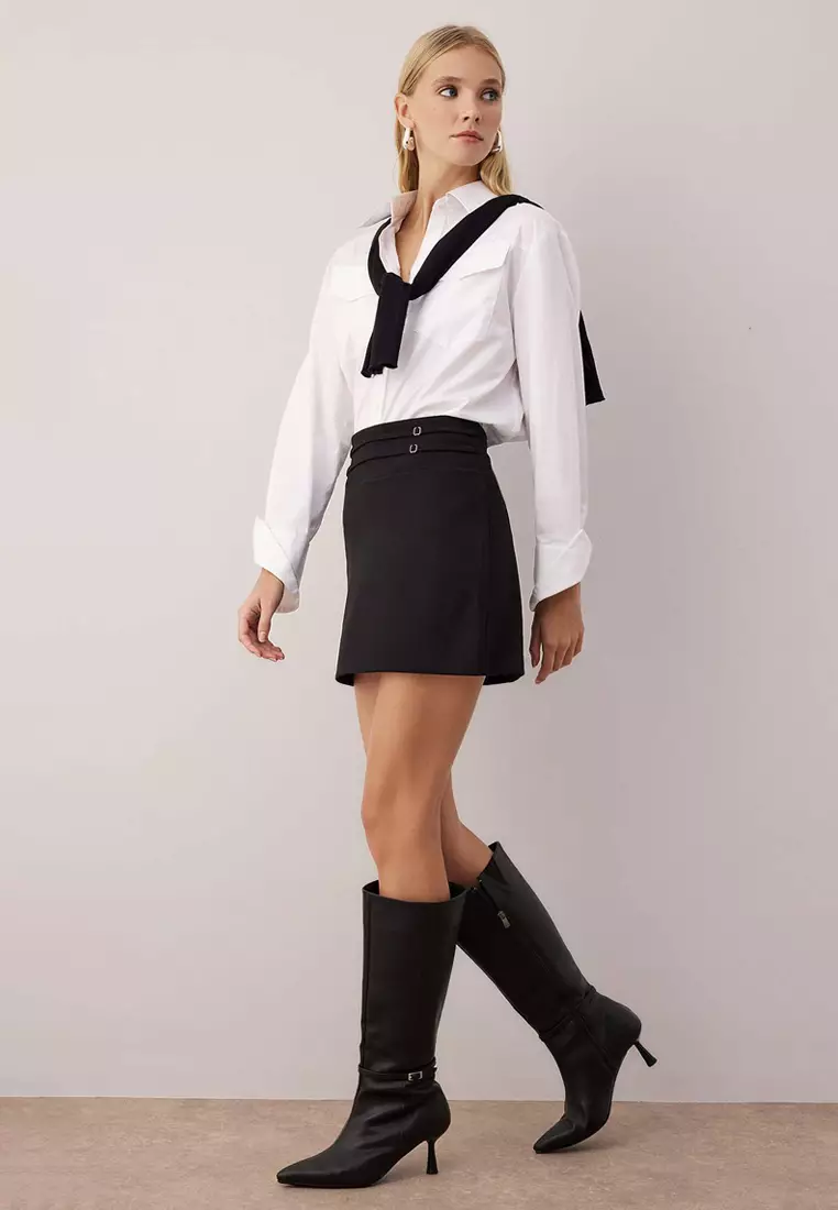 Double Belt Detailed A-Line/Belt-Opening Flexible Knitted Skirt