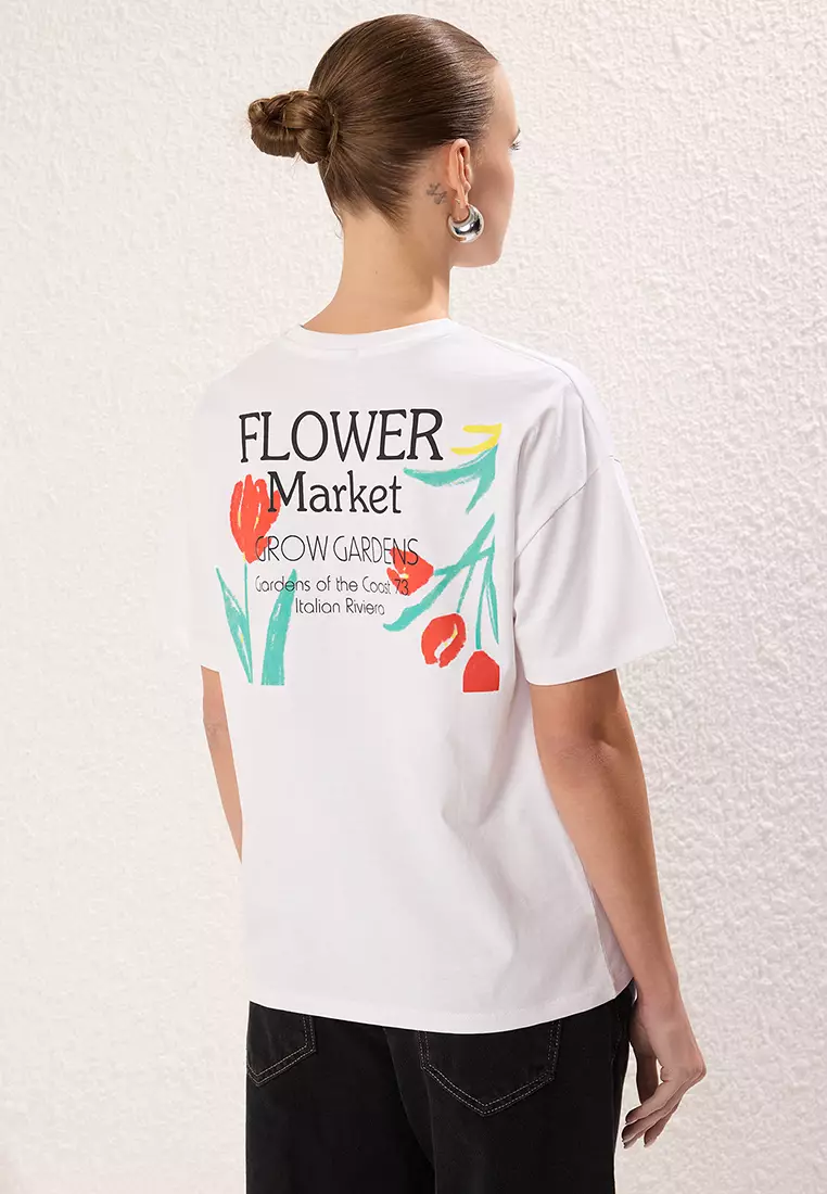 White Oversize/Wide Pattern Back Printed Knitted T-Shirt