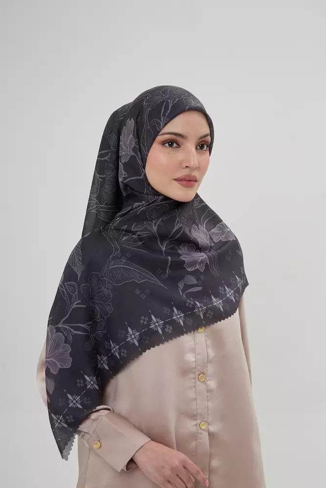 MFMW Twilight Scarf - Kerudung Segi Empat Premium Motif Bunga - Charcoal