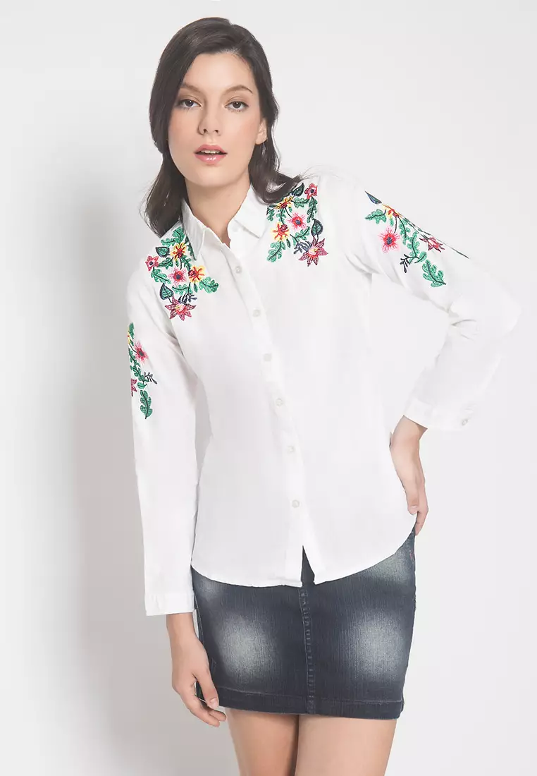 LGS - Slim Fit - Kemeja Wanita - Lengan Panjang - Motif Gambar Bunga - Putih