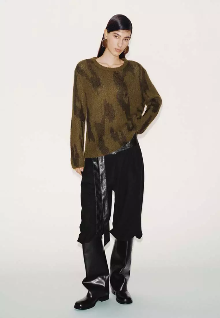 Wool Blend Wide Leg Pants with Faux Leather Waist Contrast
