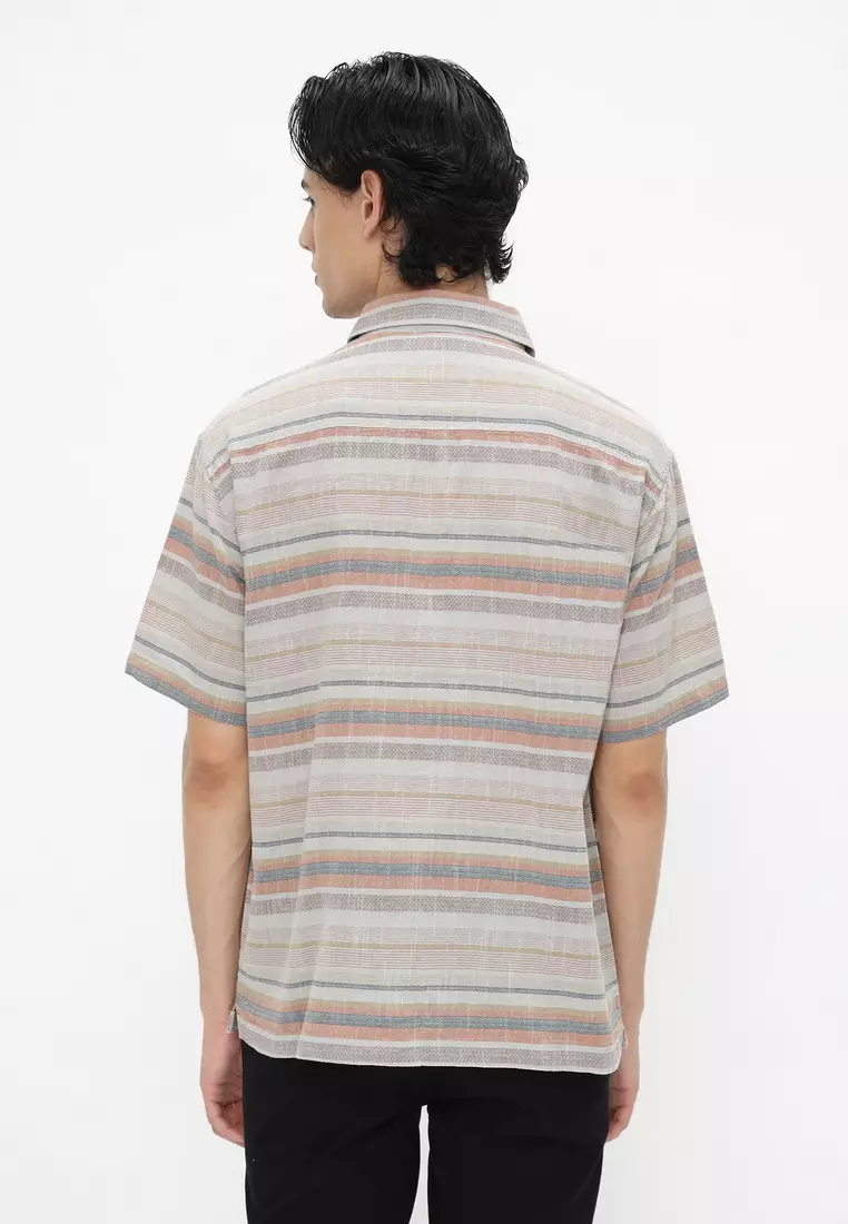 POLICE Kemeja Salur Printing Khaky Orange Regular Fit Pria