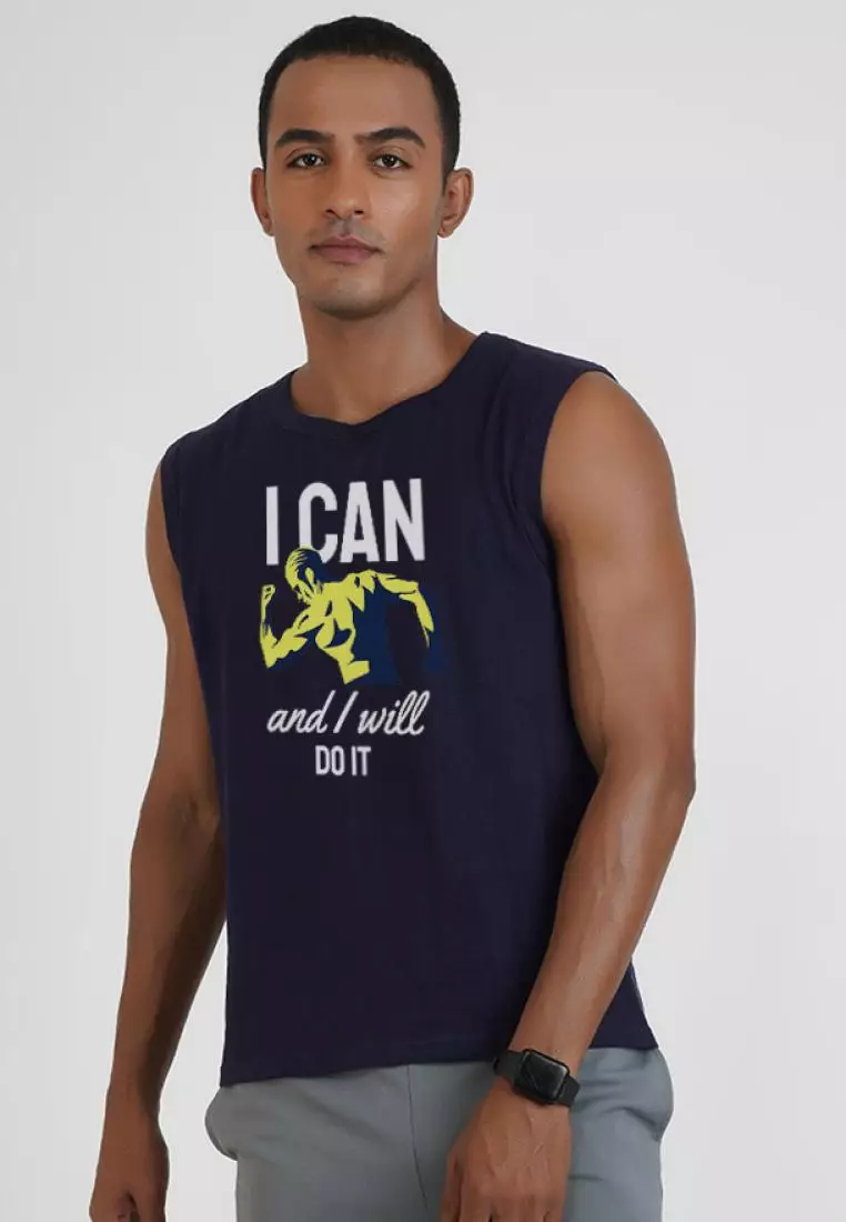 I Can Do 海军蓝棉质无袖健身/训练背心