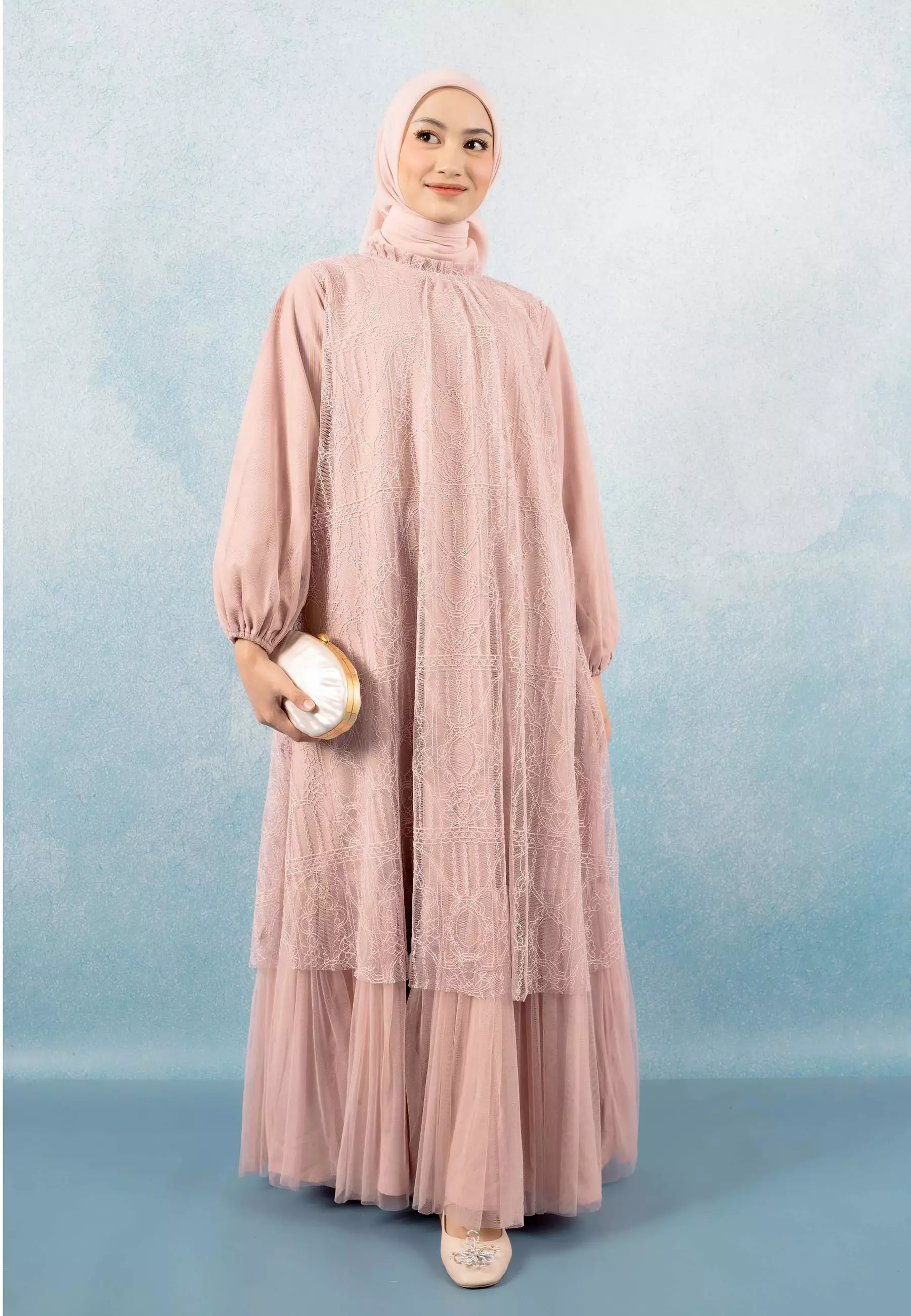 HijabChic Syahira Pink Nude Dress - Dress Brukat Tulle Elegan Best Seller