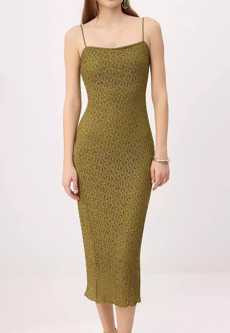 Khaki Lace Bodycon/Fitted Midi Knitted Dress With Straps Twoss25El533