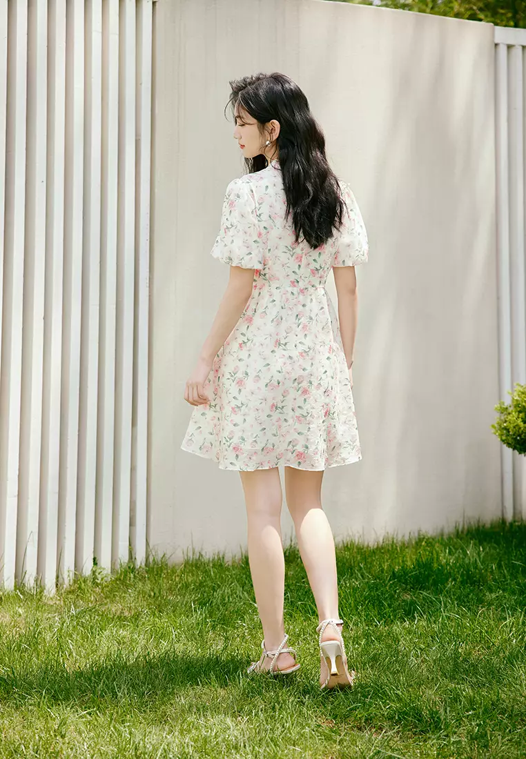 Puff Sleeve Mandrin Collar Floral Midi Dress