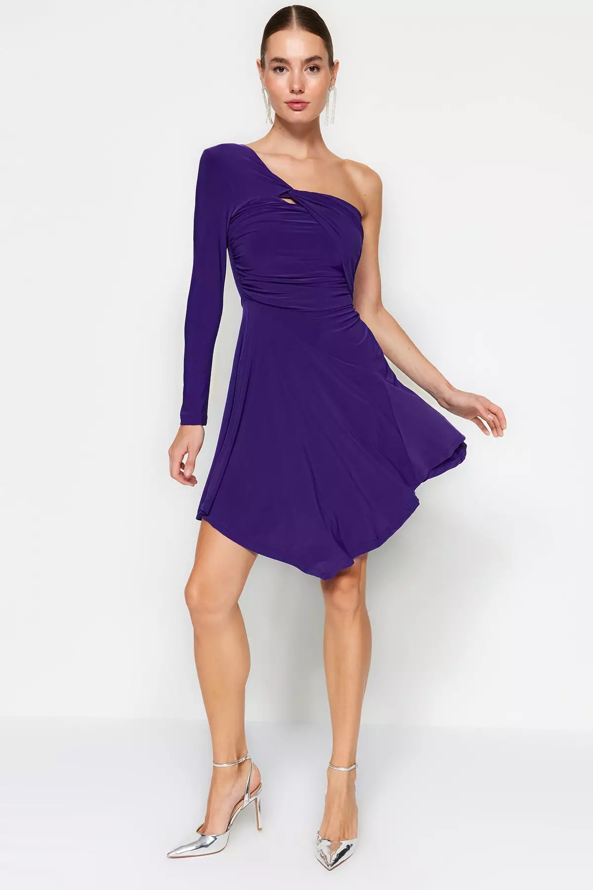Purple Evening Dress with Open Waist Skater Single Sleeve Ruffles