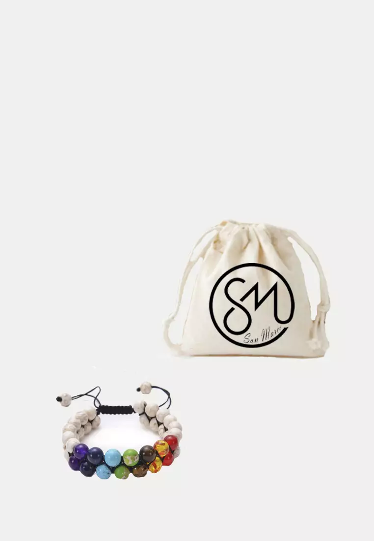 Accessories Pria Chakra Double Layer Multi Coloured Howlite Beads Macrame Bracelet Gelang Pria White & Multicolour