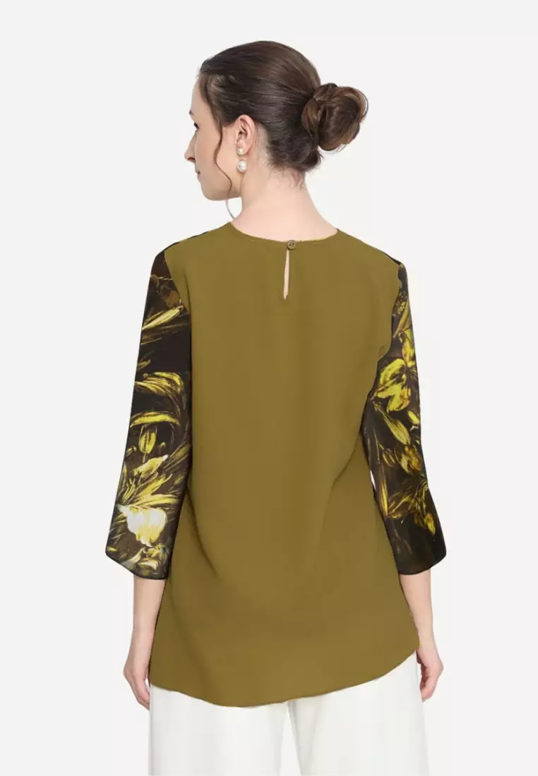 Floral Chiffon Blouse Green Long Sleeve By Brilliant Girl