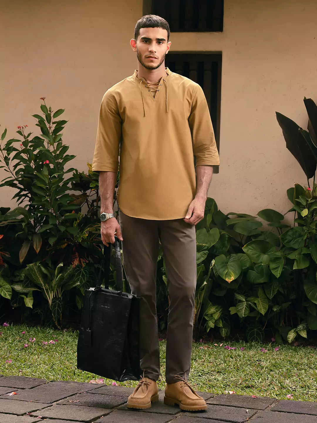 OXCON ZUHUD Kemeja koko Modern Linen Look Collarless Shirt Sand