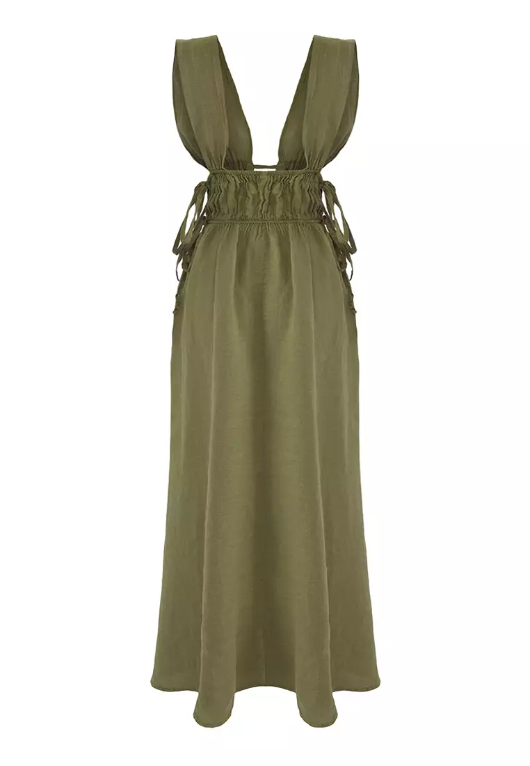 Khaki Maxi Woven 100% Linen Shirring Detailed Beach Dress TBESS25EL00105