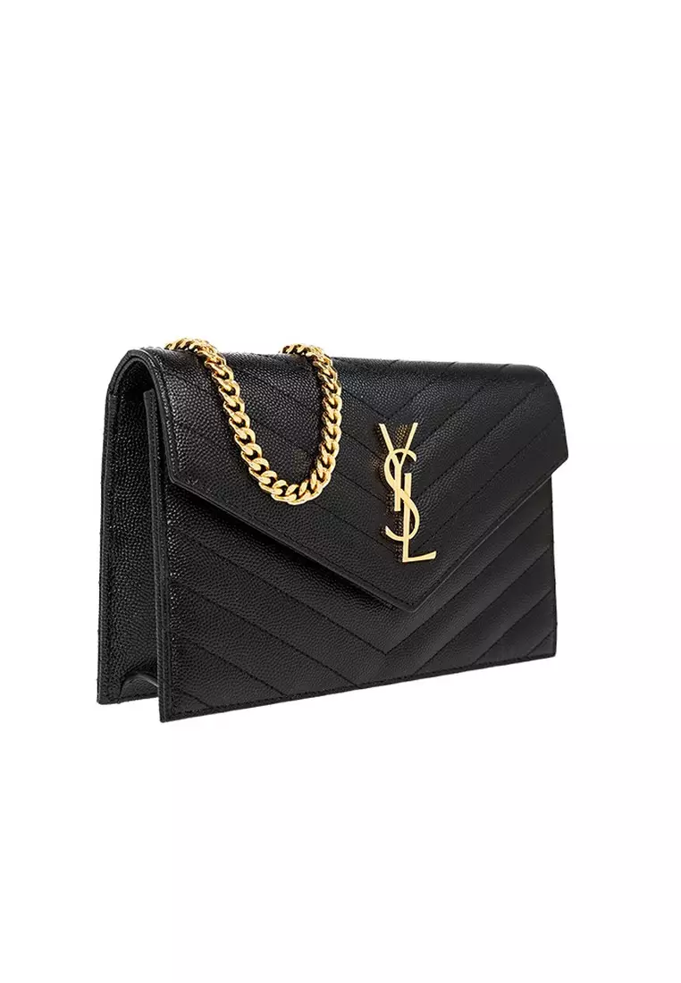 Yves Saint Laurent Cassandre Matelasse Envelope Chain Wallet in Black