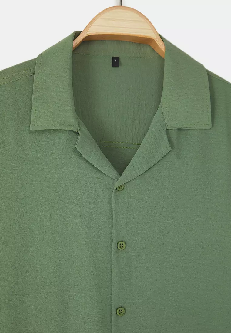 Khaki Oversize Fit Summer Short Sleeve Linen Look Shirt TMNSS24GO00019