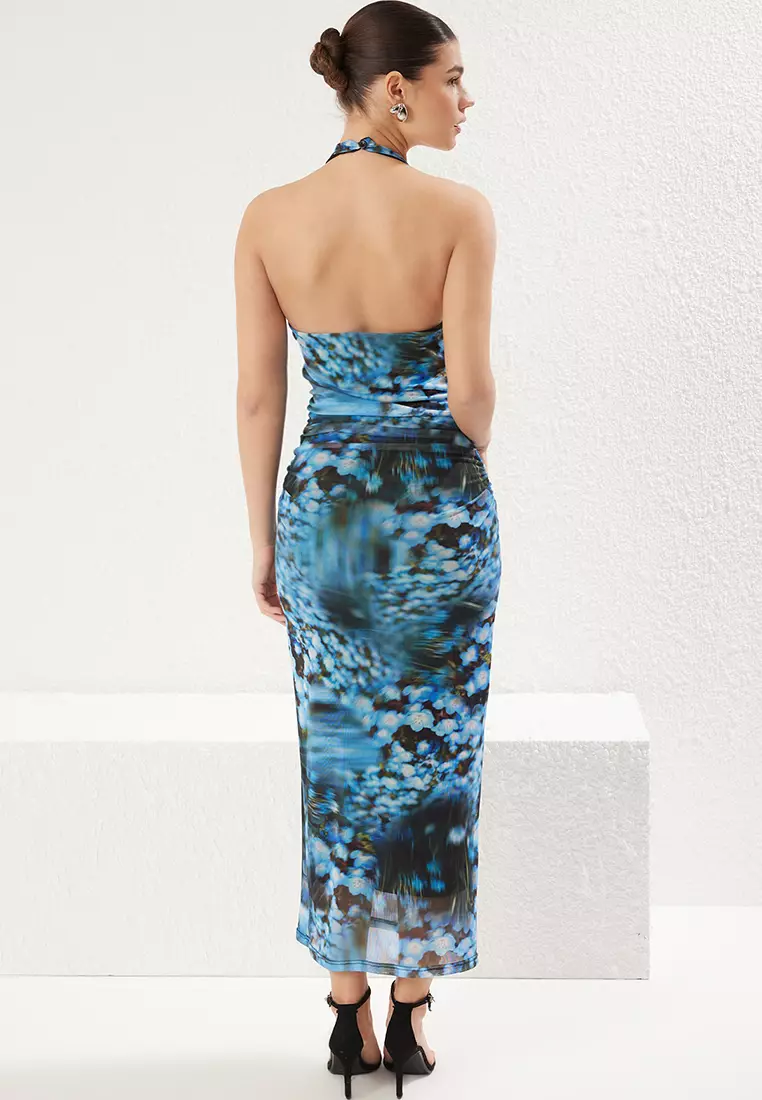 抽象印花掛頸連身針織長裙