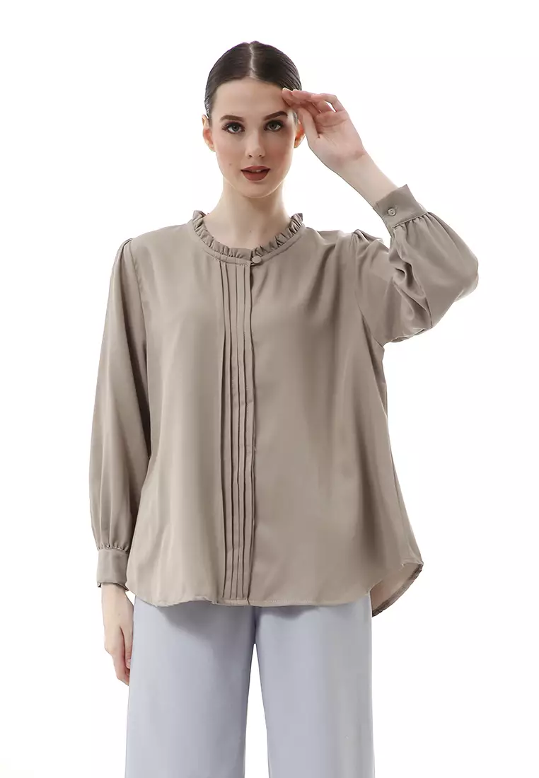 Vionka Kemeja Atasan Wanita Opnaisel Motif Polos - Charcoal