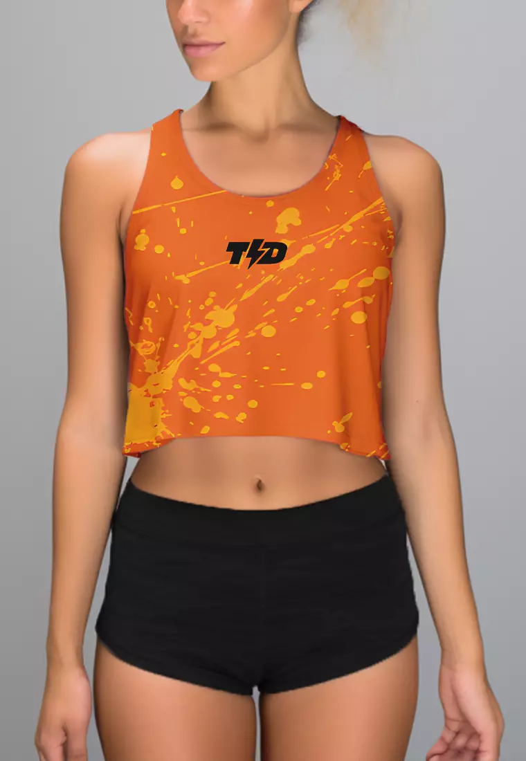 LSC16 Crop Tank Top Tee Gym Olahraga Td Bolt Crossfit ZeroOdor 4Way Stretch "orange splat" orange