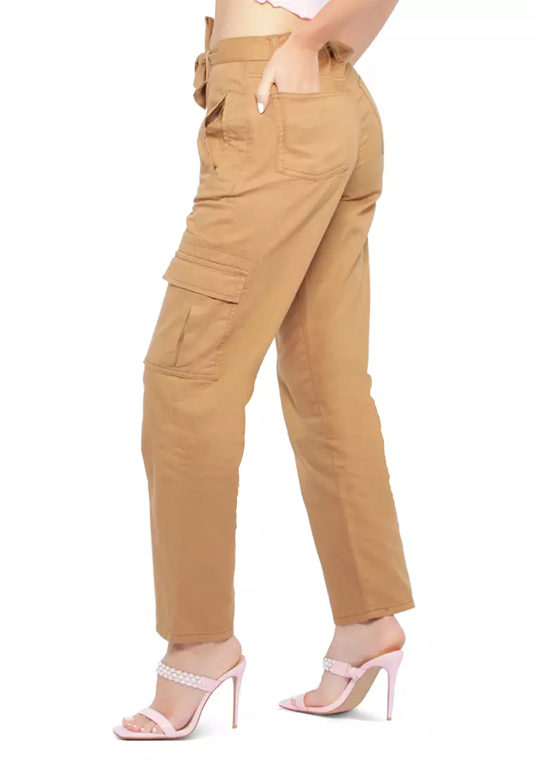 Celana kantong kertas dasi kupu-kupu pinggang khaki