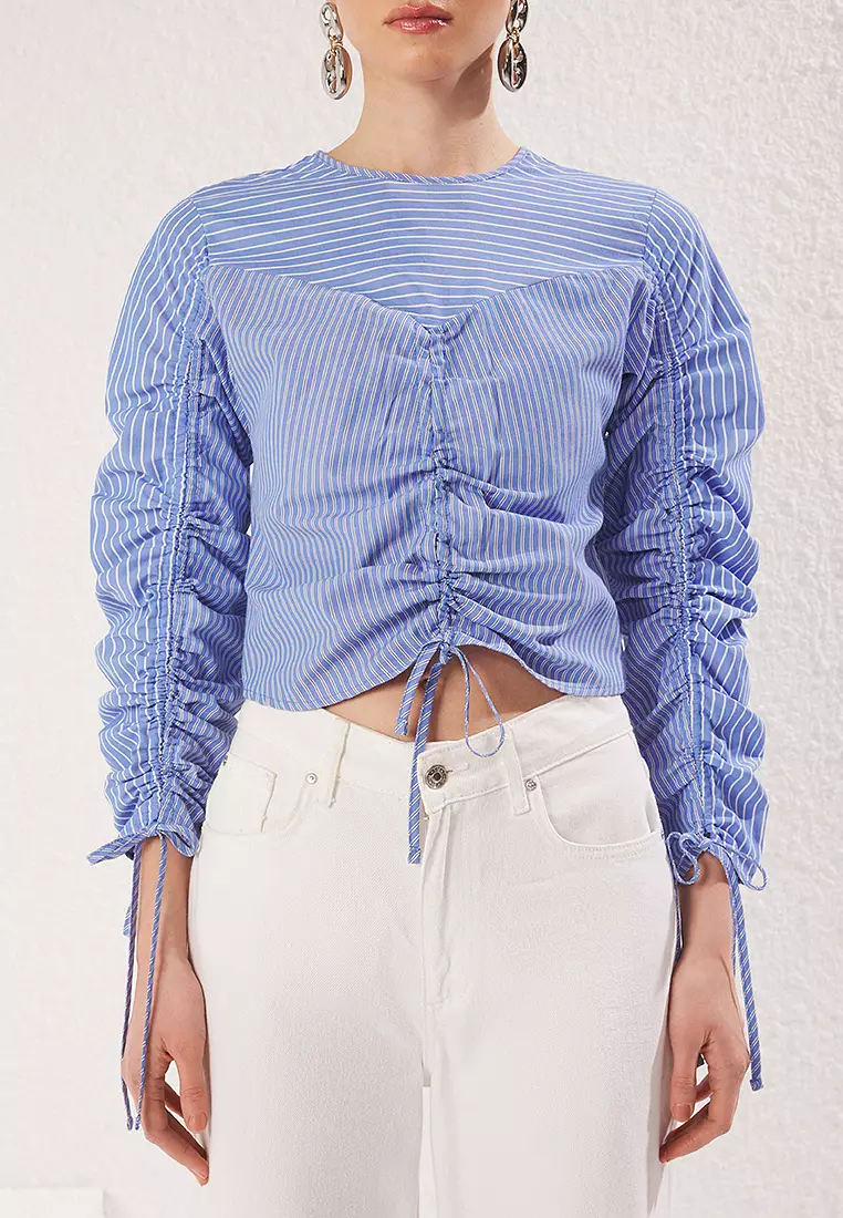 Blue Checkered Crew Neck Drawstring Detail Crop Woven Blouse