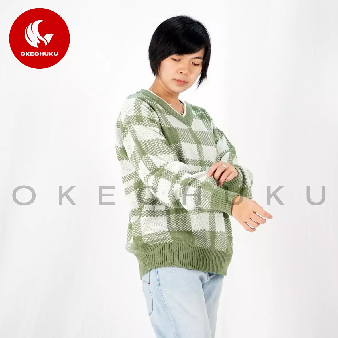  KINAN Knit Sweater Rajut Unisex V Neck Sweater Pria Wanita - Mint