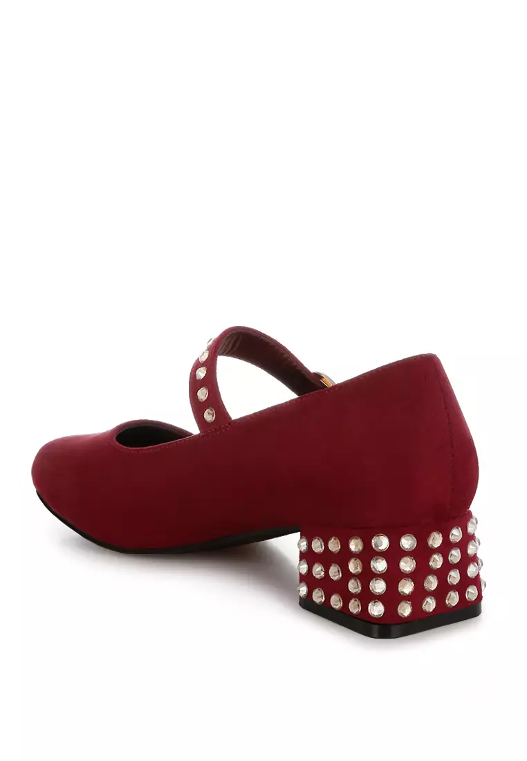 Studded Mary Jane Pumps In Burgundy
