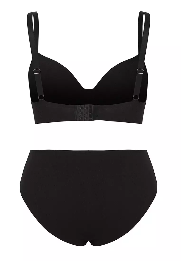 Black Slogan Embroidery Detailed Camisole Knitted Plus Size Underwear Set TBBSS25DG00000