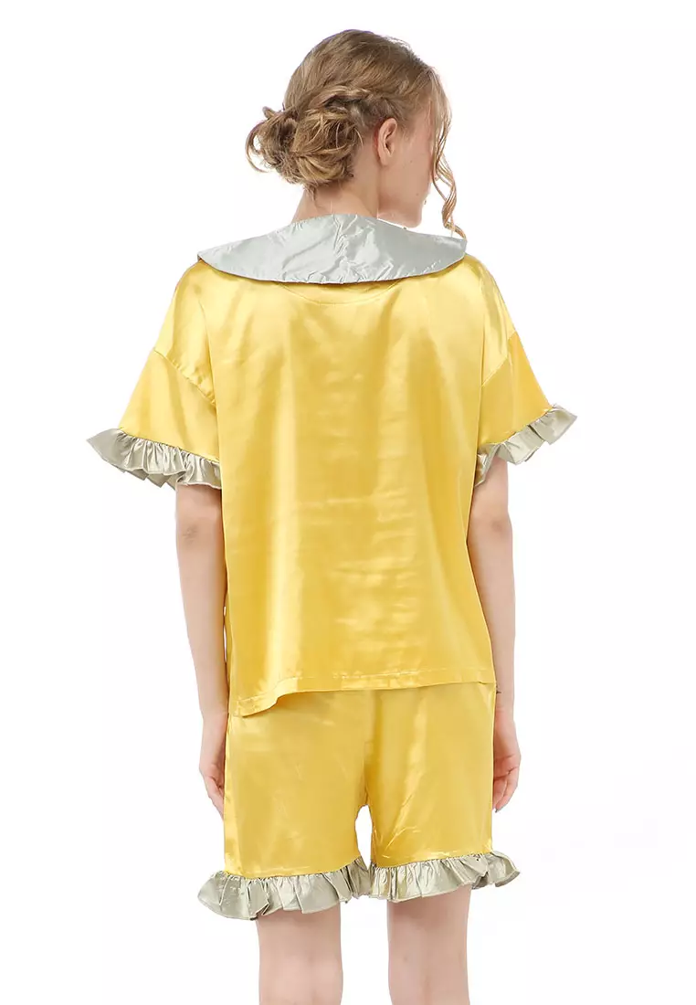 Vance Setelan Baju Tidur Wanita Lengan Pendek Motif Krab Bunny Material Satin ORIGINAL - Yellow