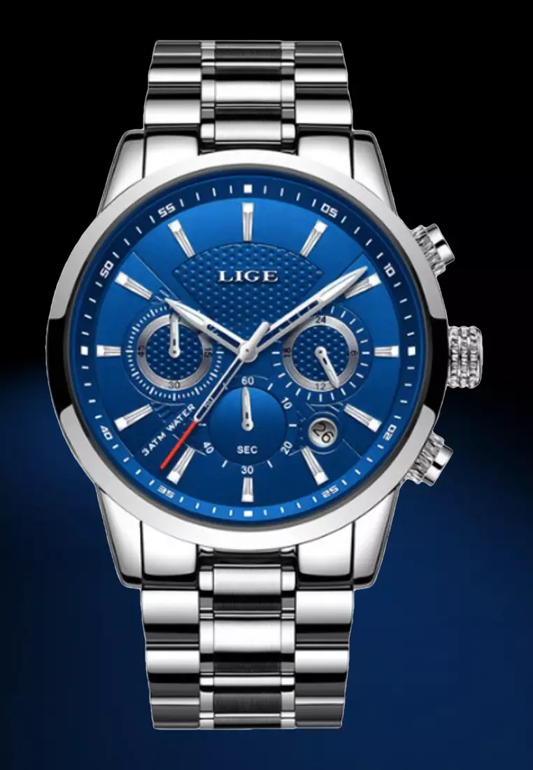 Chronograph Unisex Stainless Steel Quartz Watch 43mm, blue dial, on Steel Bracelet