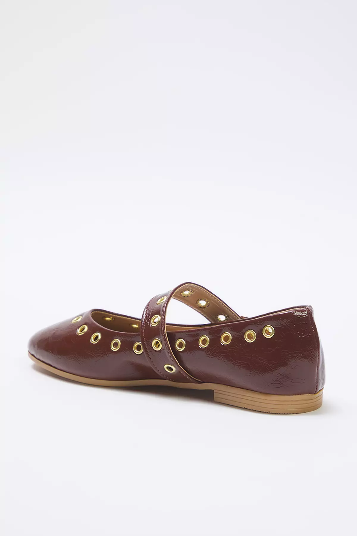 Brown Eyelet Detailed Buckle Almond Toe Mary Jane Women's Ballerina Flats Takss25Be00043