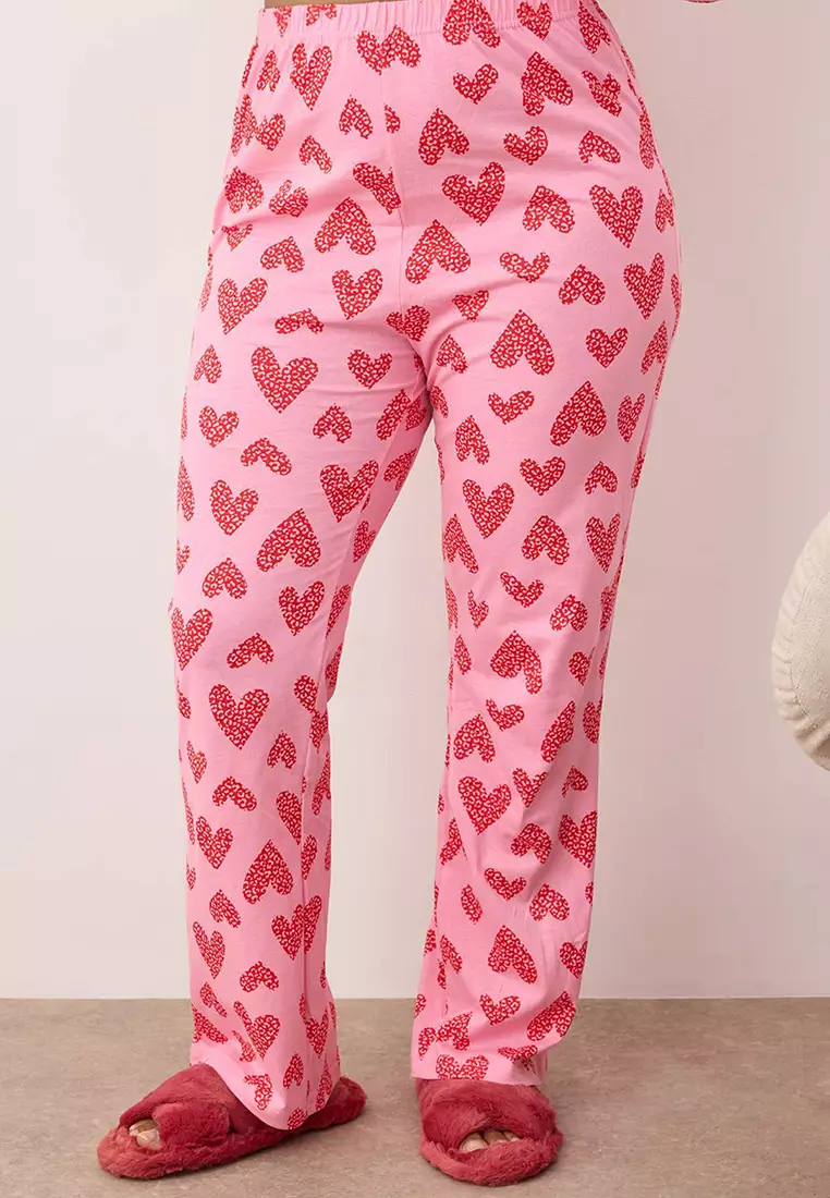 Pink 100% Cotton Heart & Leopard Patterned Shirt-Pants Knitted Pajama Set Tbbaw26Ai00017