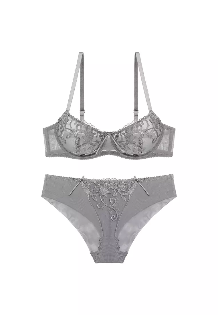Buy ZITIQUE French Lace Transparent Ultra-thin Steel Bra And Panty  Set-White Online