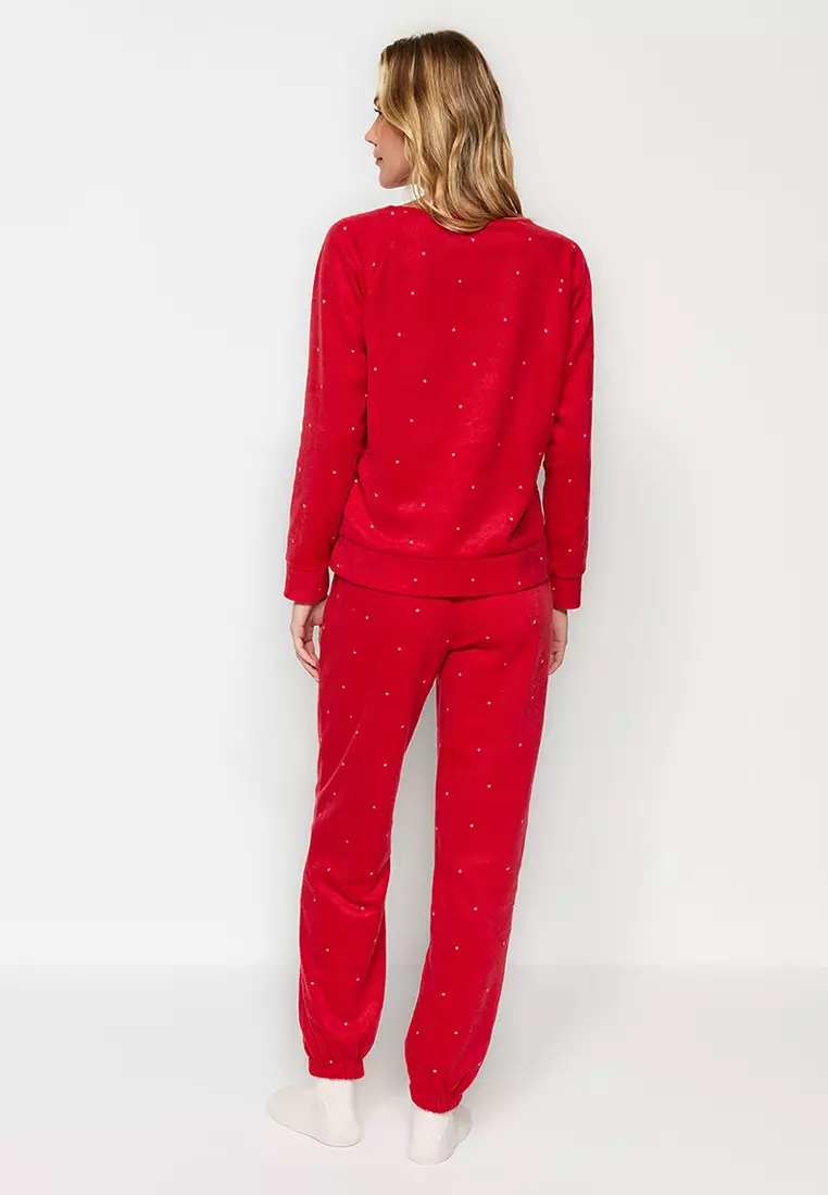 Red Polka Dot Fleece Winter Knitted Pajamas Set Thmaw24Pt00032