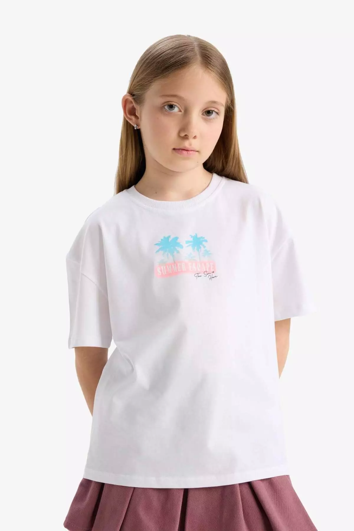 Girls' Oversize Wide Fit Crew Neck Back Printed Short Sleeve T-Shirt E6742A825Hs