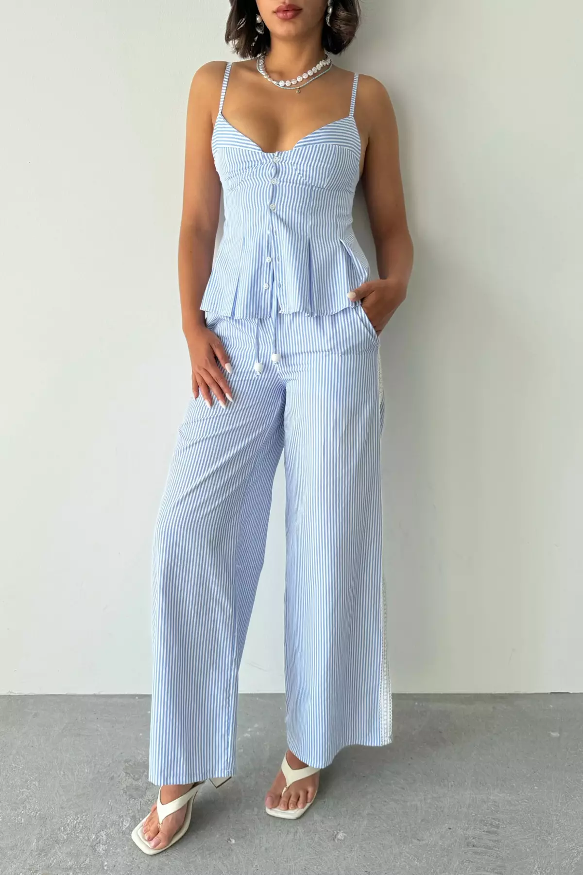 Blue Striped Strap Blouse Pants Bottom Top Set