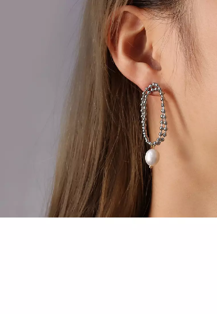 Fashion Personality 316L Stainless Steel Bead Geometric Double Layer Earrings with Imitation Pearls