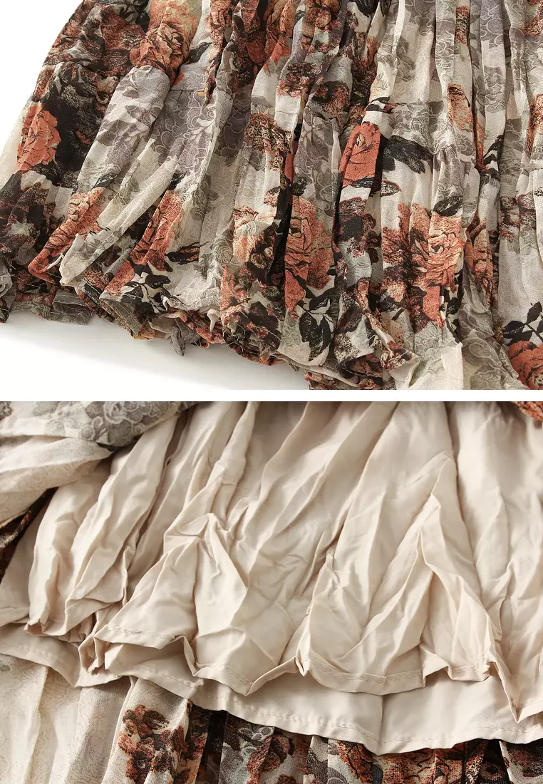 Pleated Floral Tiered Skirt AF-9908
