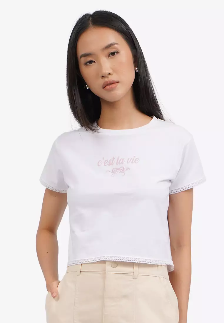 Lace Trim Short Sleeve Graphic T-Shirt