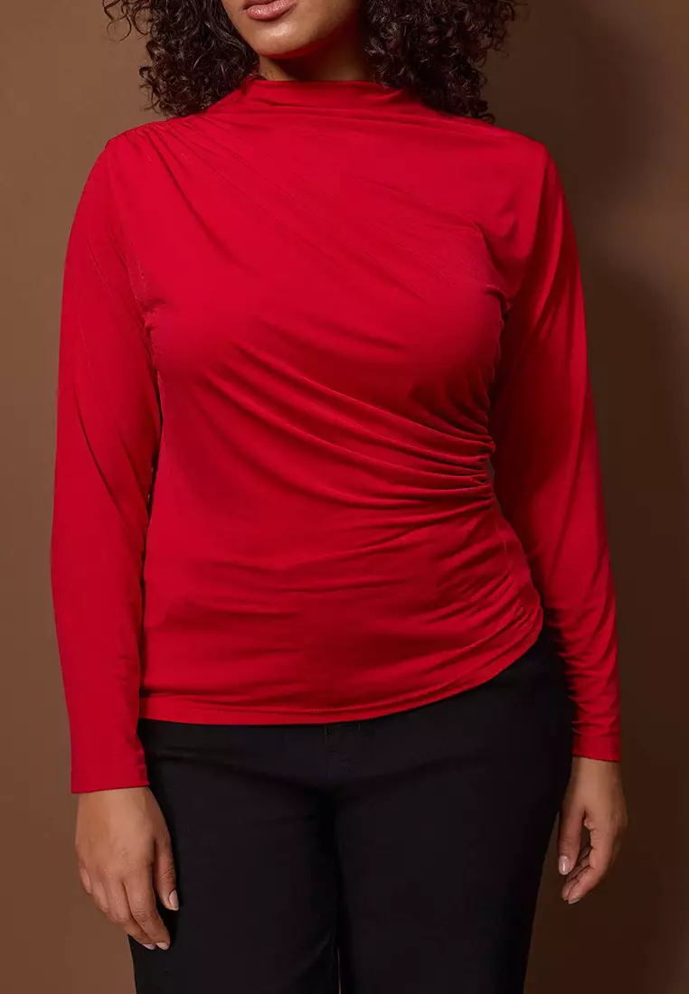 Red Sandy Ruched Detail Long Arm Knitted Large Size Blouse Tbbaw26Af00104