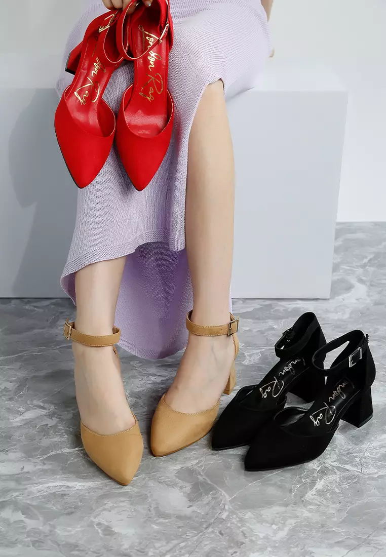 Microfiber Block Heel Sandals in Black