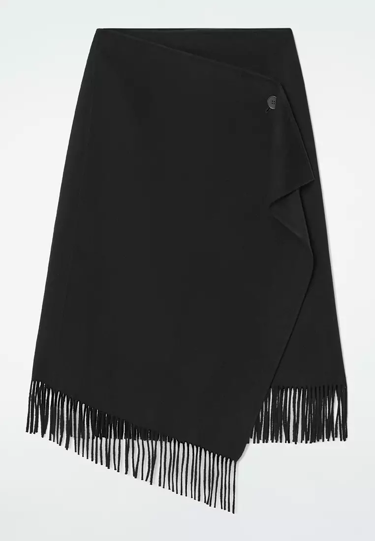 Fringed Wool Midi Wrap Skirt