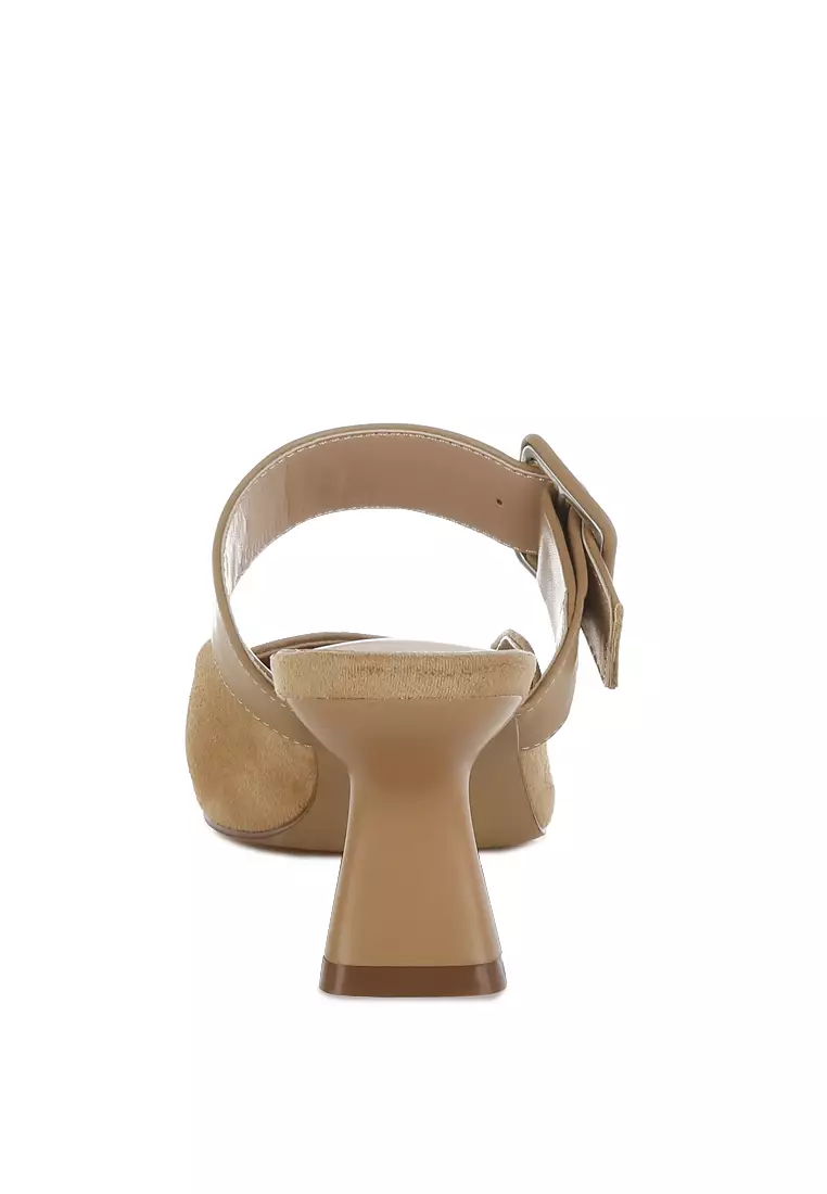 Microfiber Pointy Slip-On Mules in Beige