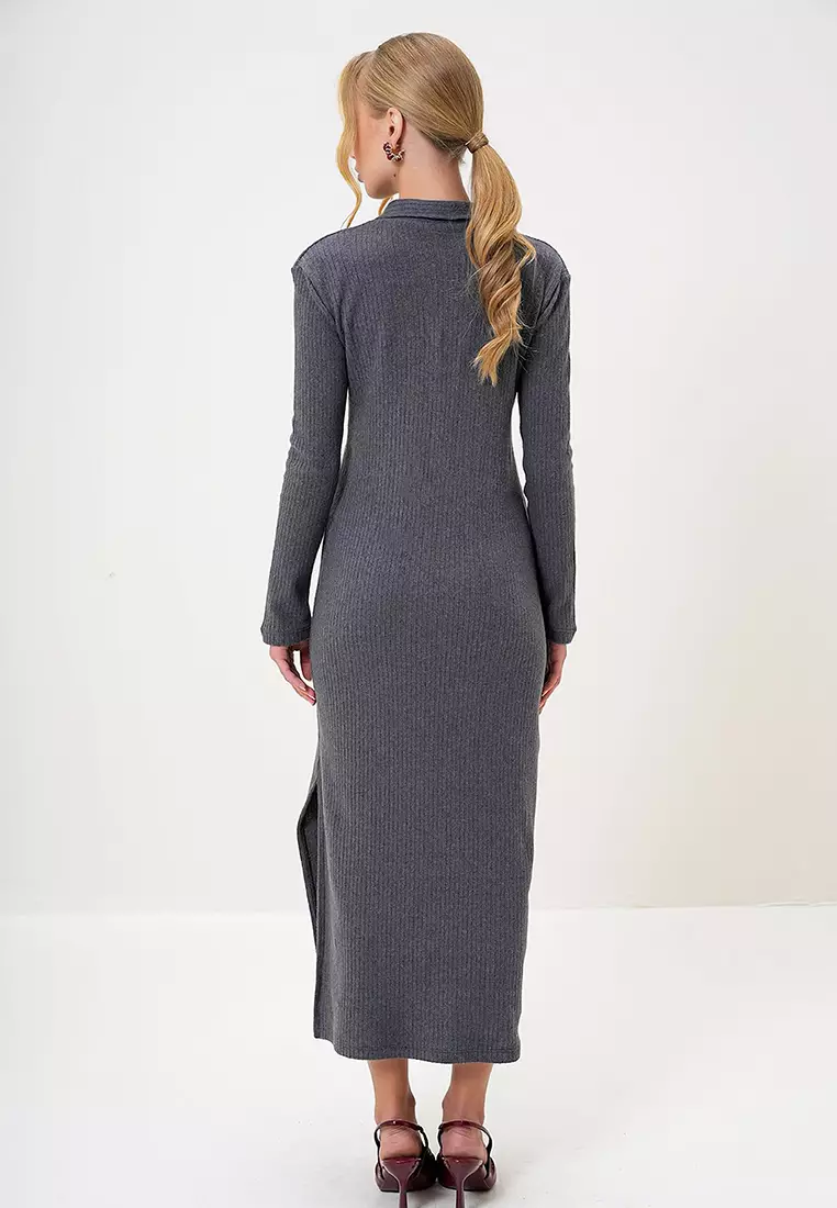 Women's Anthracite Polo Collar Half Placket Side Slit Interlock Fabric Dress