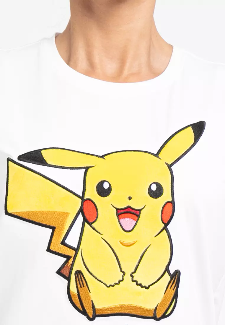 Forest X Pokemon Ladies Coral Fleece Textured Embroidered Pikachu Round Neck Tshirt Women - FP821000-02White