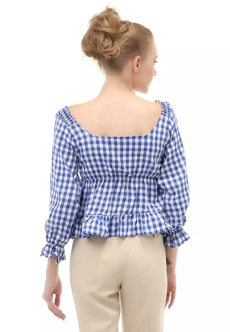 Cheva Top Blouse Atasan Wanita Kasual Motif Kotak Material Cotton ORIGINAL - Blue