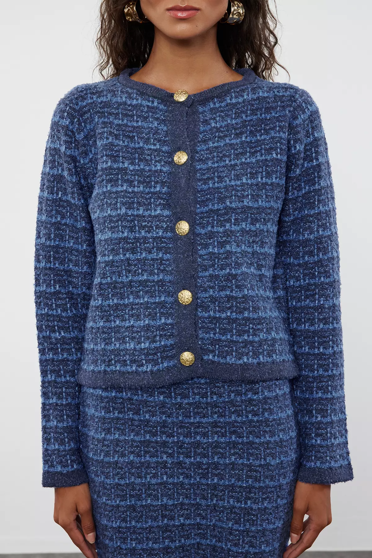 Indigo Knit Detailed Soft Texture Cardigan-Skirt Knitwear Bottom-Top Set TWOAW24AU00001