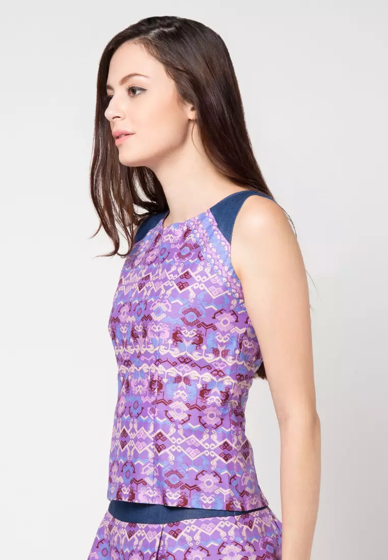 Sleeveless Cotton Blouse Mix Denim