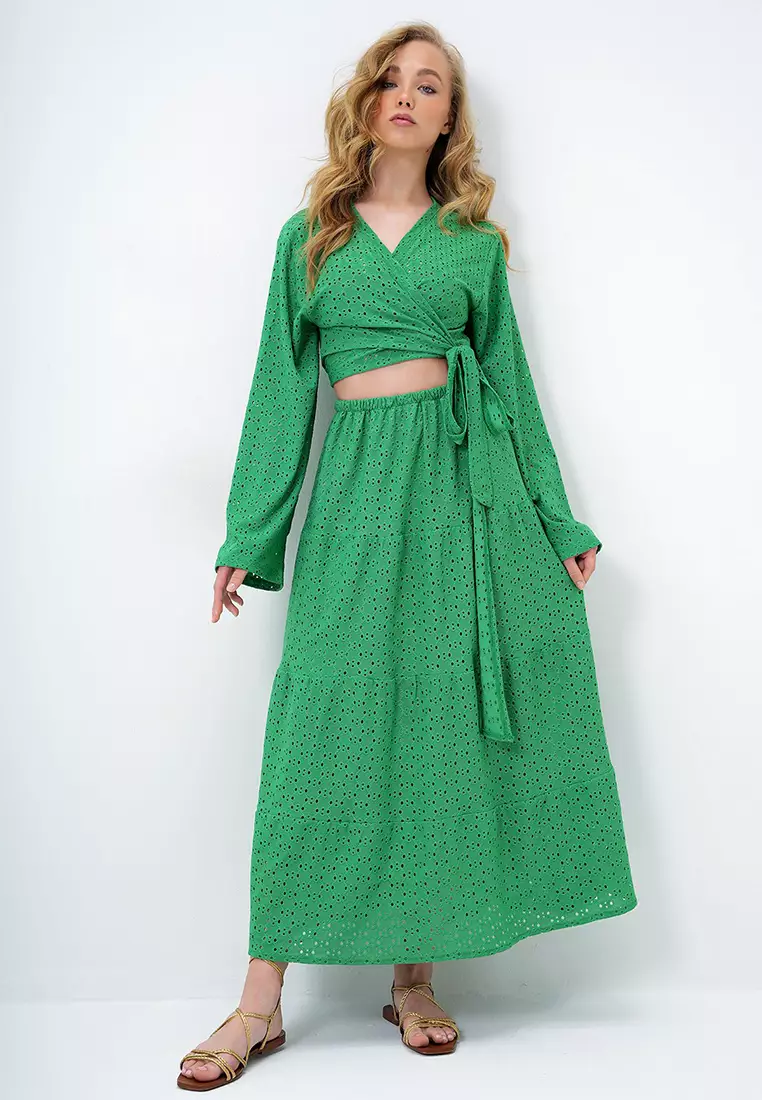 Women's Green Katkat Flounce Guipure Premium Skirt Alc-X14141