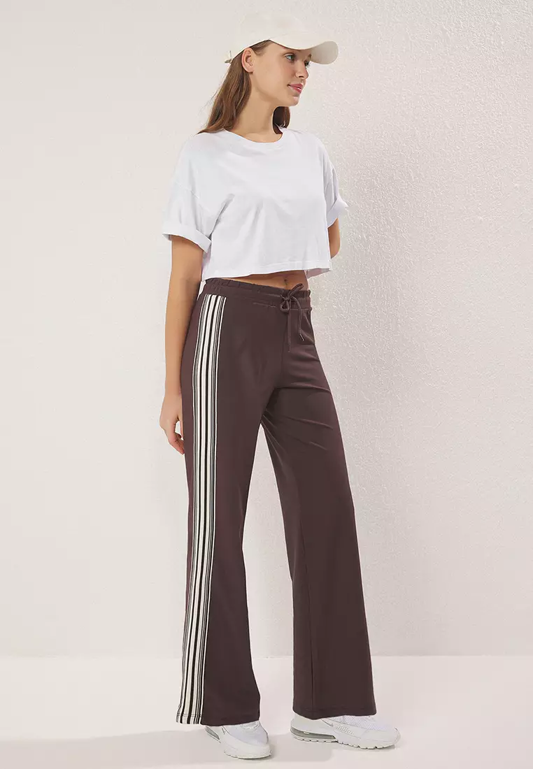 Brown Striped Diver/Scuba Fabric Sports Knitted Sweatpants THMSS25EA00006