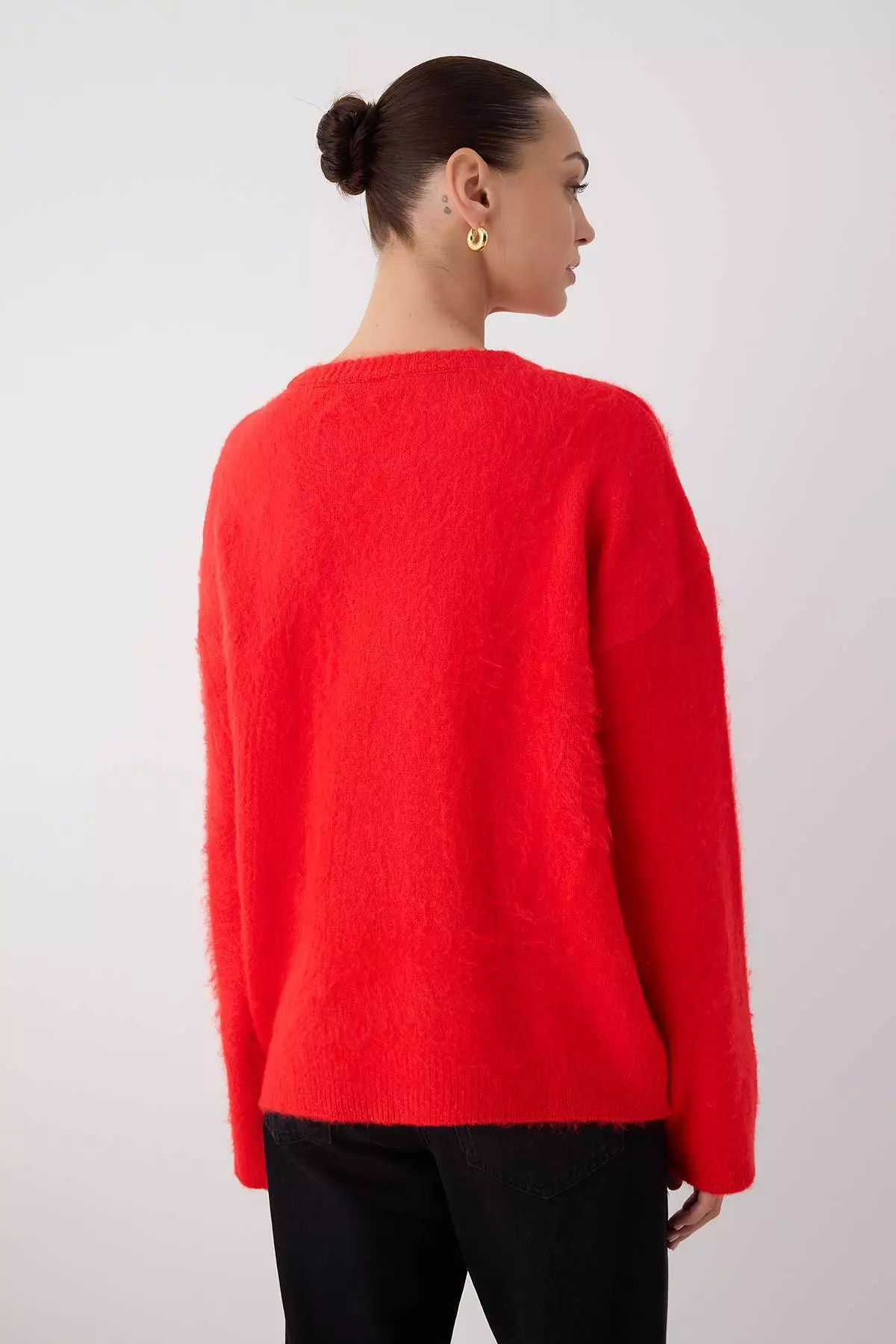 Red Soft Textured Wide Fit Basic Knitwear Sweater