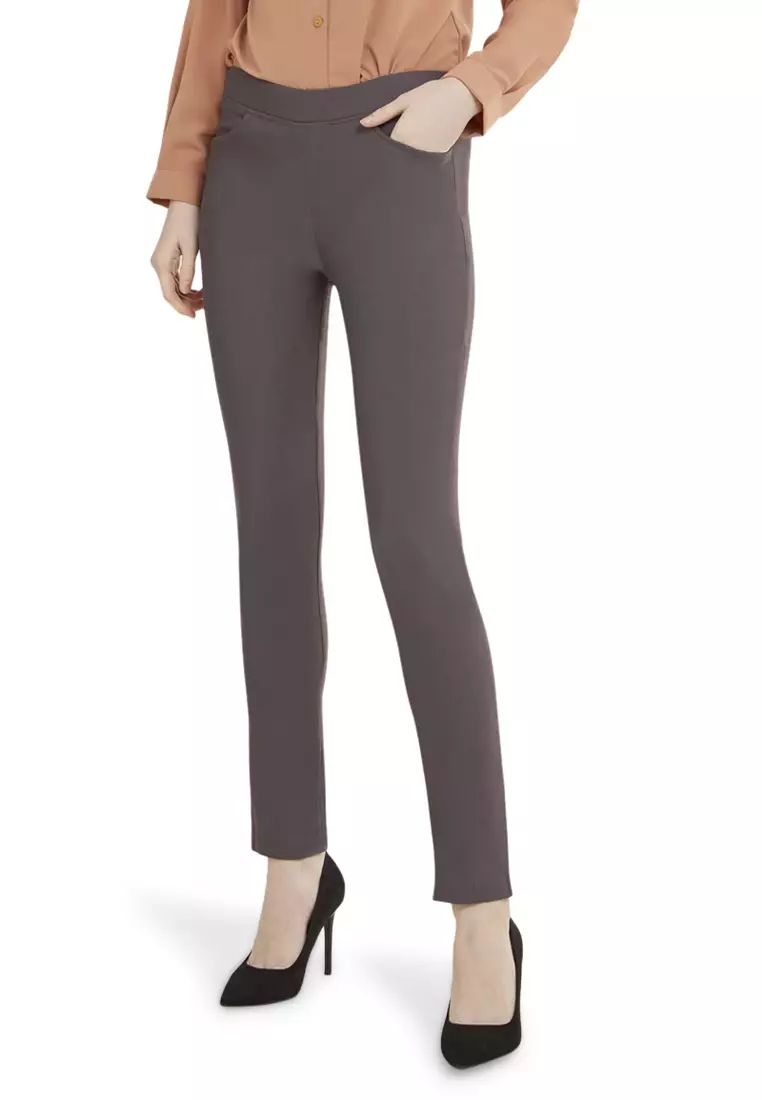 Skinny Pants Celana Panjang Polos Rubbery Waist Bawahan Wanita - Dark Grey